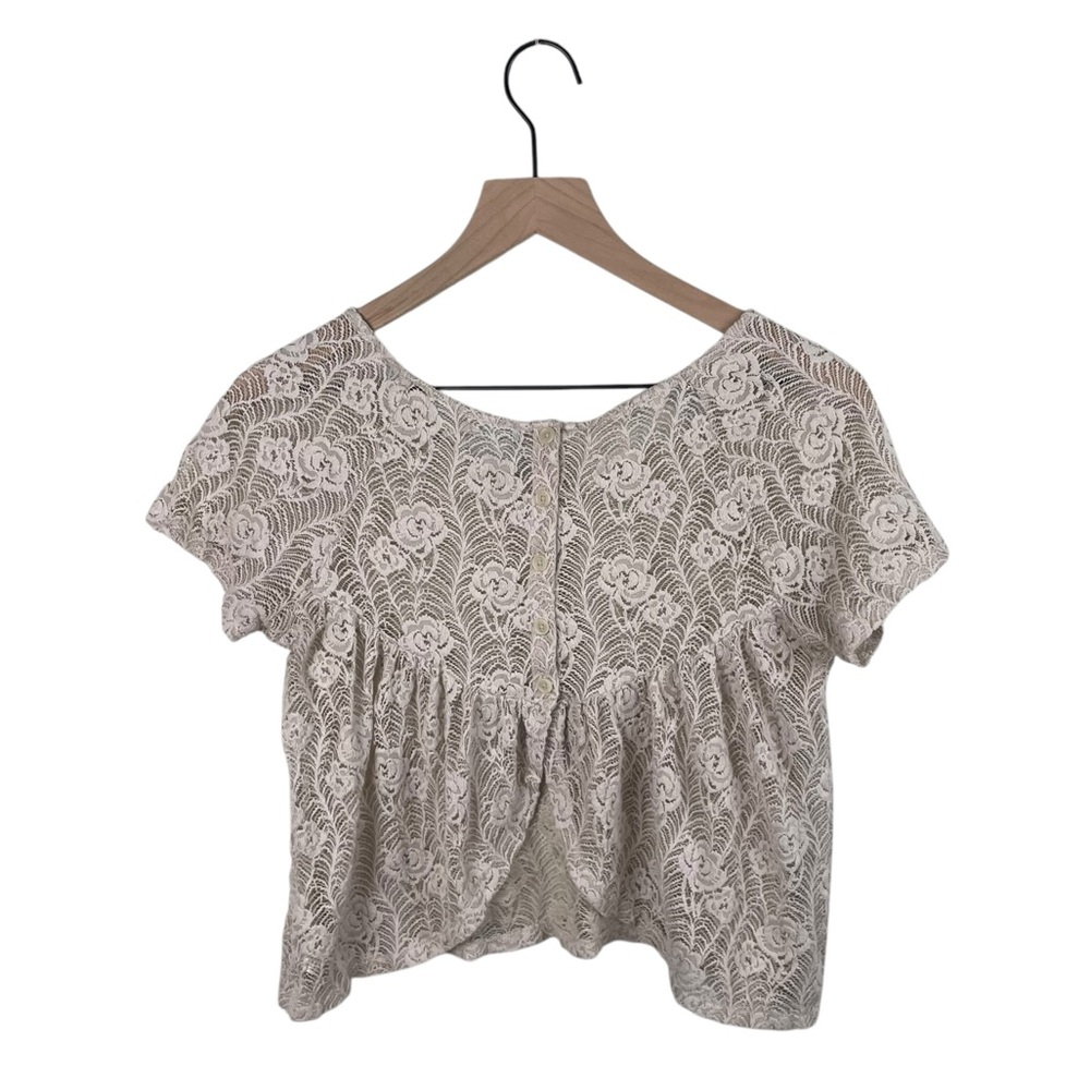 Kimchi Blue Floral Crochet Lace Button Back Short Sleeve Crop Top Boho Medium - Picture 9 of 9